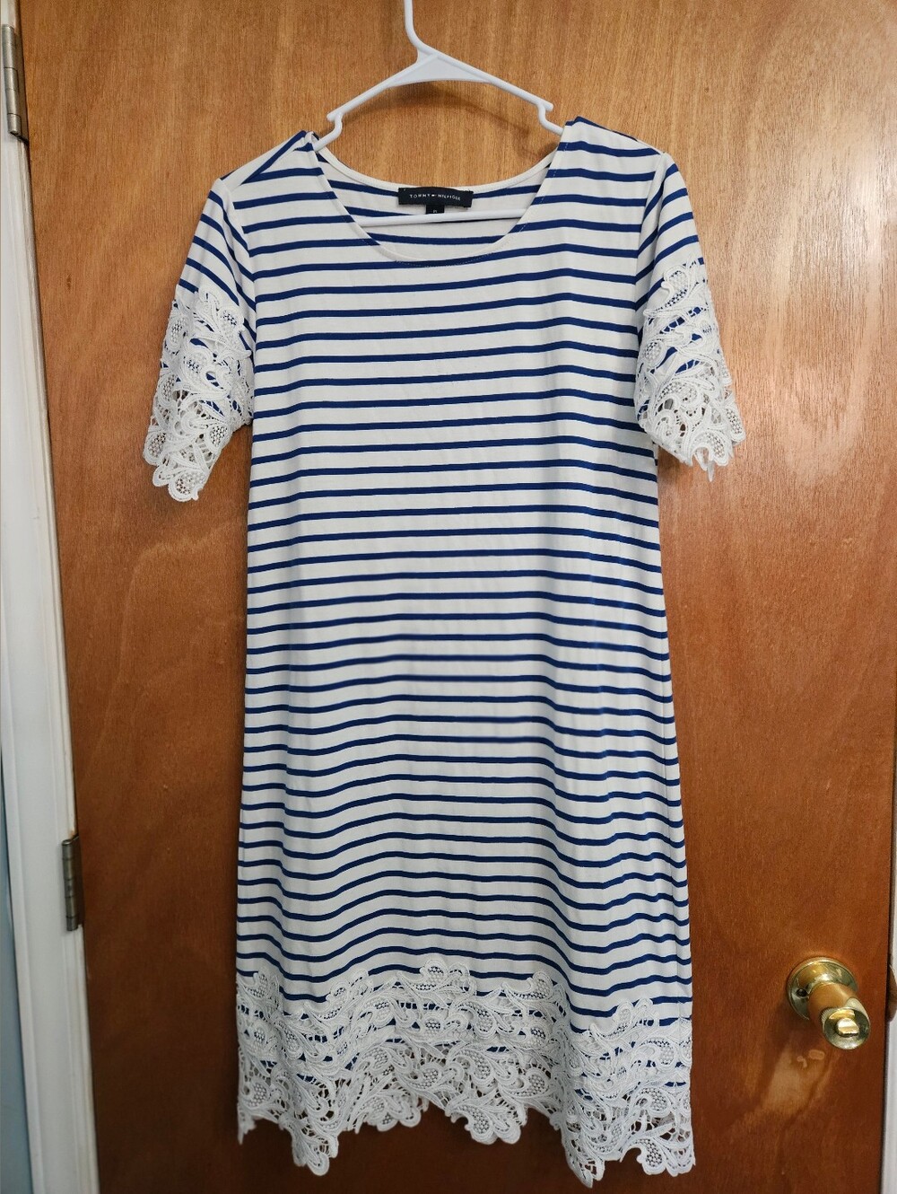 Tommy Hilfiger blue striped womens eyelet lace trim dress size M
